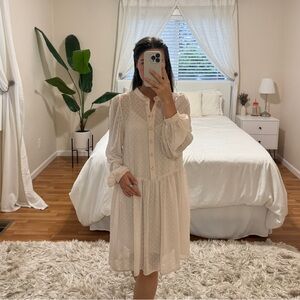 Light Ivory Swiss Dot Button-Front Babydoll Midi Dress